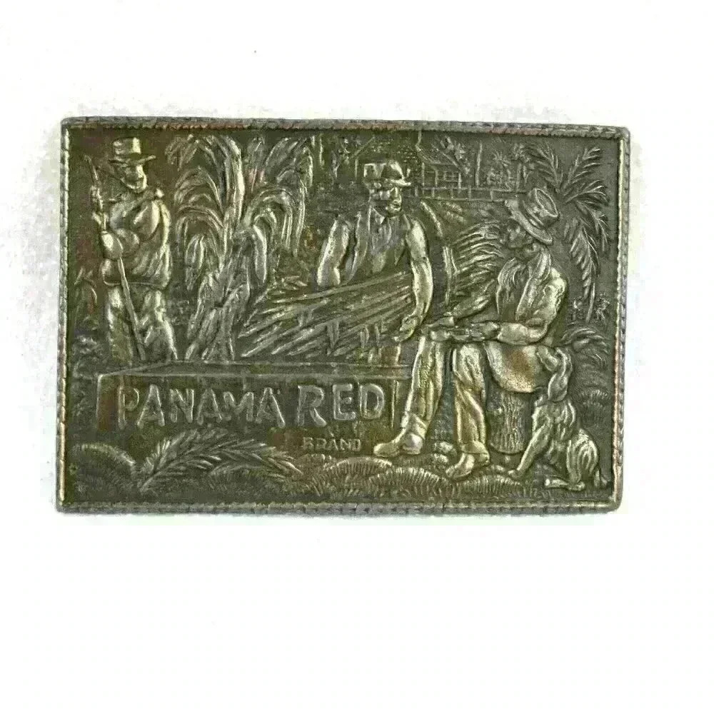 Vintage Panama Red Belt Buckle Metal Tobacco Advertising Western Harvest 1970s
